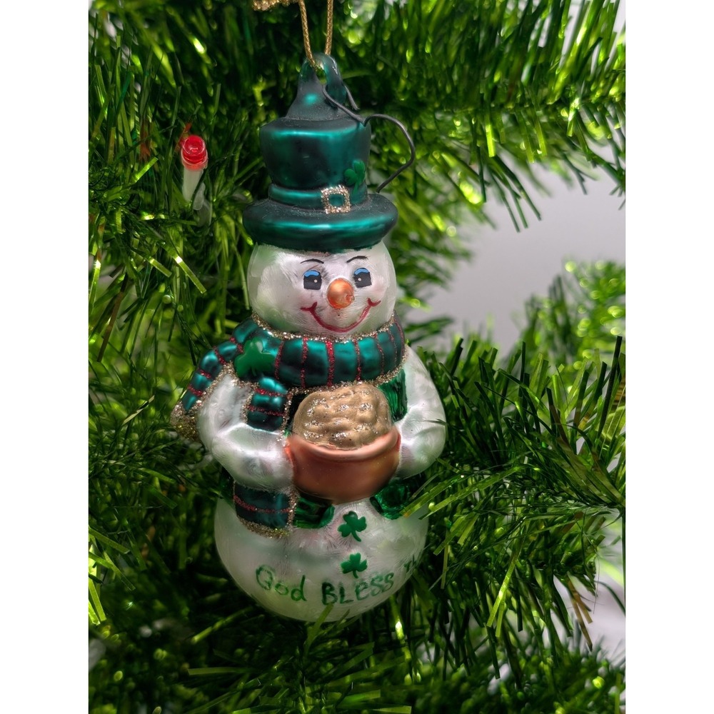 Whimsical Irish Snowman Glass Ornament Frosty Holiday St Patricks Decor